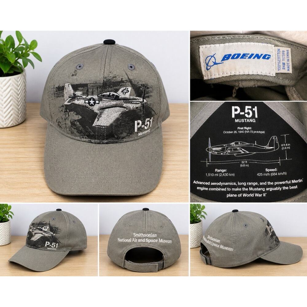 Boeing P-51 Mustang Hat Smithsonian Air Space Museum Cap Adjustable Gray